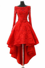 Load image into Gallery viewer, A Line Long Sleeve Red High Low Scoop Lace Homecoming Dresses with Lace Appliques RS835
