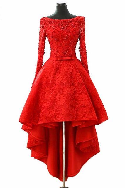 A Line Long Sleeve Red High Low Scoop Lace Homecoming Dresses with Lace Appliques RS835