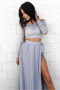 A Line Long Sleeve Two Pieces Off the Shoulder Prom Dresses with Lace Evening Dresses RS848