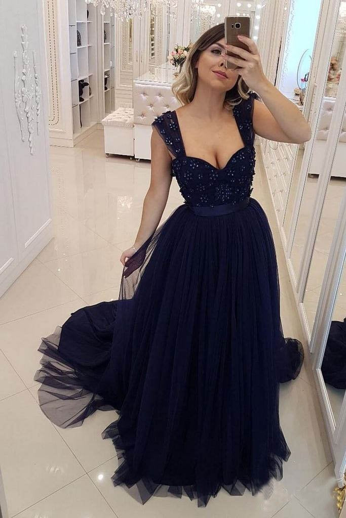 A Line Navy Blue Beaded Military Prom Dresses Tulle Straps Sweetheart Party Dresses RS744