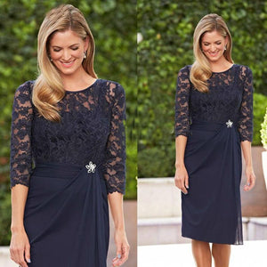 A Line Navy Blue Lace 3/4 Sleeve Short Chiffon Scoop Mother of the Bride Dresses RS423