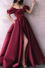 Load image into Gallery viewer, A Line Off the Shoulder Burgundy Satin Prom Dresses with Pockets High Split RS801