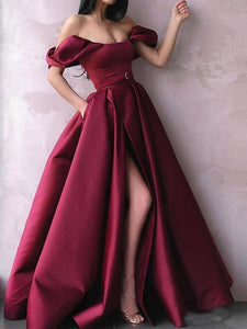 A Line Off the Shoulder Burgundy Satin Prom Dresses with Pockets High Split RS801