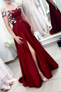 A Line Off the Shoulder Burgundy Satin Split Sweetheart Long Prom Dresses with Lace RS722