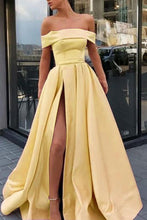 Load image into Gallery viewer, A Line Off the Shoulder Satin High Slit Yellow Prom Dresses, Long Formal Dresses PW417
