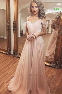 A Line Off the Shoulder Spaghetti Straps Pearl Pink Tulle Sweetheart Long Prom Dresses RS408