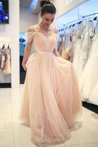 A Line Off the Shoulder Spaghetti Straps Pearl Pink Tulle Sweetheart Long Prom Dresses RS408