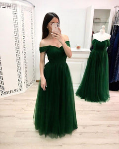 A Line Off the Shoulder Sweetheart Prom Dresses Long Tulle Green Formal Dresses RS898