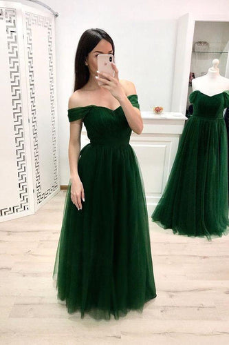 A Line Off the Shoulder Sweetheart Prom Dresses Long Tulle Green Formal Dresses RS898