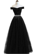 Load image into Gallery viewer, A Line Off the Shoulder Tulle Dark Blue Beads Prom Dresses Long Cheap Evening Dress RS687