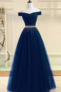 A Line Off the Shoulder Tulle Dark Blue Beads Prom Dresses Long Cheap Evening Dress RS687