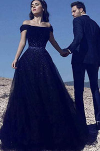 A Line Off the Shoulder Tulle Dark Blue Beads Prom Dresses Long Cheap Evening Dress RS687