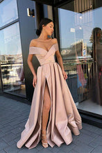 Load image into Gallery viewer, A Line Off the Shoulder V Neck Satin Prom Dresses with High Split Party Dresses RS885