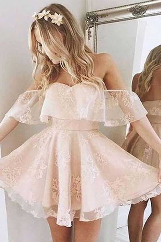 A Line Pink Off the Shoulder Sweetheart Tulle Above Knee Homecoming Dresses with Flowers H1076