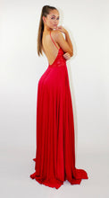 Load image into Gallery viewer, A Line Red Chiffon Halter High Slit Backless Lace Long Cheap Prom Dresses RS359