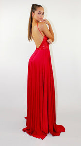 A Line Red Chiffon Halter High Slit Backless Lace Long Cheap Prom Dresses RS359