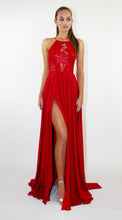 Load image into Gallery viewer, A Line Red Chiffon Halter High Slit Backless Lace Long Cheap Prom Dresses RS359