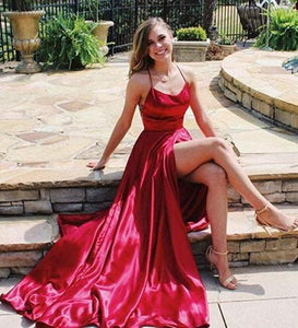 A Line Red Sexy Side Slit Spaghetti Straps Cheap Long Prom Dresses Evening Dresses RS830