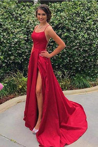 A Line Red Sexy Side Slit Spaghetti Straps Cheap Long Prom Dresses Evening Dresses RS830