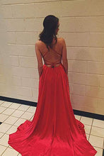Load image into Gallery viewer, A Line Red Spaghetti Straps Open Back Prom Dresses with Slit Pockets RS686