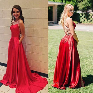 A Line Red Spaghetti Straps Open Back Prom Dresses with Slit Pockets RS686