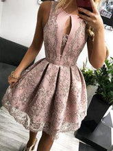 Load image into Gallery viewer, A Line Round Neck Pink Straps Homecoming Dress with Lace Appliques Short Prom Dress H1198