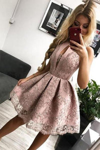 A Line Round Neck Pink Straps Homecoming Dress with Lace Appliques Short Prom Dress H1198