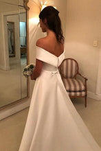 Load image into Gallery viewer, A Line Satin Off the Shoulder Ivory Wedding Dresses Short Sleeves Wedding Gowns RS493