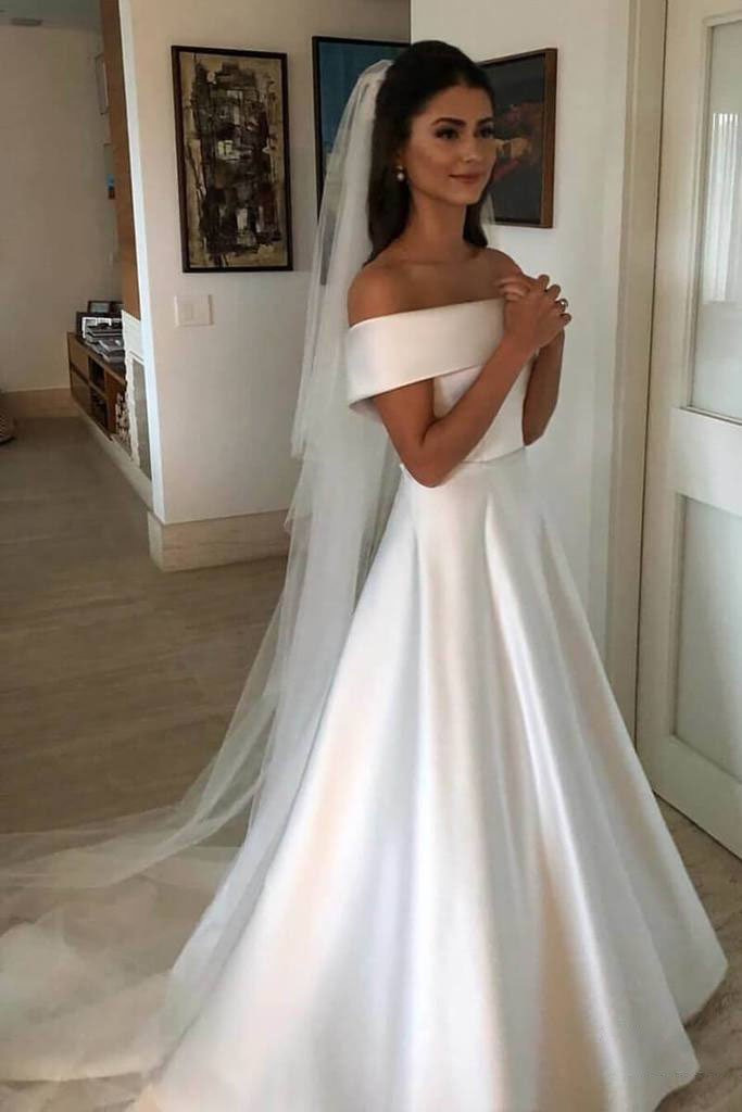 A Line Satin Off the Shoulder Ivory Wedding Dresses Short Sleeves Wedding Gowns RS493