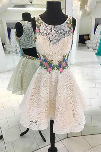 A Line Scoop Lace Sleeveless Open Back Homecoming Dresses Flowers Short Prom Dresses H1080