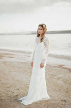 Load image into Gallery viewer, A Line See Through Long Sleeve Lace Appliqued Ivory Beach Wedding Dresses RS382