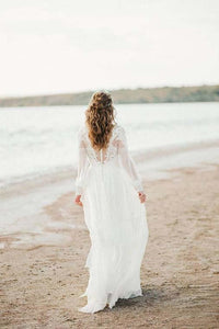 A Line See Through Long Sleeve Lace Appliqued Ivory Beach Wedding Dresses RS382