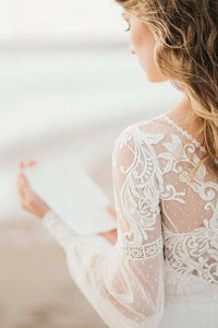 A Line See Through Long Sleeve Lace Appliqued Ivory Beach Wedding Dresses RS382