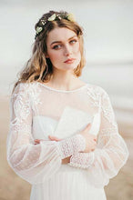 Load image into Gallery viewer, A Line See Through Long Sleeve Lace Appliqued Ivory Beach Wedding Dresses RS382