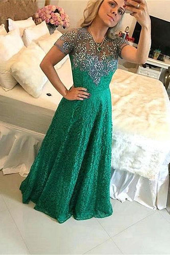 A Line Short Sleeve Green Lace Appliques Beads Prom Dresses Floor Length Evening Dress RS931