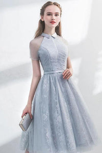 A Line Short Sleeves Tulle Halter Homecoming Dress with Lace Cute Short Prom Dress H1284