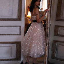 Load image into Gallery viewer, A Line Spaghetti Strap Tea Length Pearl Pink Tulle Prom Homecoming Dress With Beads RS760