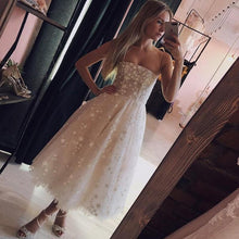 Load image into Gallery viewer, A Line Spaghetti Strap Tea Length Pearl Pink Tulle Prom Homecoming Dress With Beads RS760
