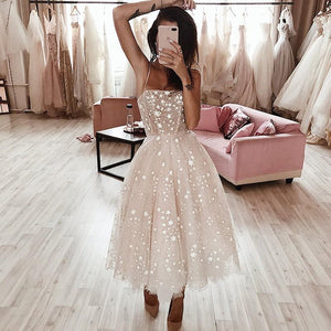 A Line Spaghetti Strap Tea Length Pearl Pink Tulle Prom Homecoming Dress With Beads RS760