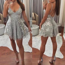 Load image into Gallery viewer, A Line Spaghetti Strap V Neck Lace Silver Homecoming Dresses Mini Short Prom Dresses H1313