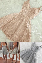 Load image into Gallery viewer, A Line Spaghetti Strap V Neck Lace Silver Homecoming Dresses Mini Short Prom Dresses H1313