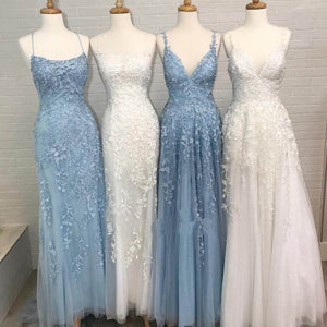 A Line Spaghetti Straps Light Blue Prom Dresses V Neck Lace Appliques Evening Dress RS526
