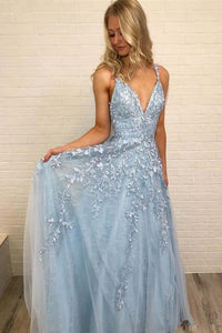 A Line Spaghetti Straps Light Blue Prom Dresses V Neck Lace Appliques Evening Dress RS526