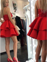 Load image into Gallery viewer, A Line Spaghetti Straps Short Red Tiered Homecoming Dress with Lace Prom Dresses H1170