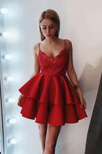Load image into Gallery viewer, A Line Spaghetti Straps Short Red Tiered Homecoming Dress with Lace Prom Dresses H1170
