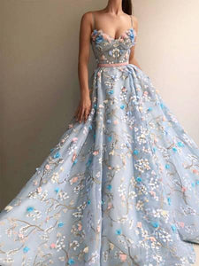 A Line Spaghetti Straps Sweetheart 3D Flower Applique Sky Blue Prom Dresses RS426
