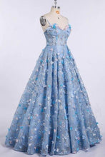 Load image into Gallery viewer, A Line Spaghetti Straps Sweetheart 3D Flower Applique Sky Blue Prom Dresses RS426