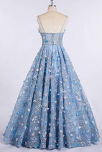 Load image into Gallery viewer, A Line Spaghetti Straps Sweetheart 3D Flower Applique Sky Blue Prom Dresses JS426