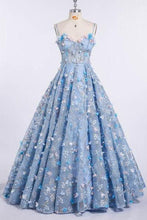 Load image into Gallery viewer, A Line Spaghetti Straps Sweetheart 3D Flower Applique Sky Blue Prom Dresses uk PW426