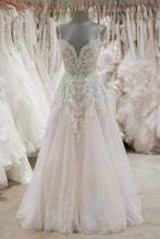 Load image into Gallery viewer, A Line Spaghetti Straps V Neck Beach Wedding Dresses Beaded Bodice Wedding Dresses W1062
